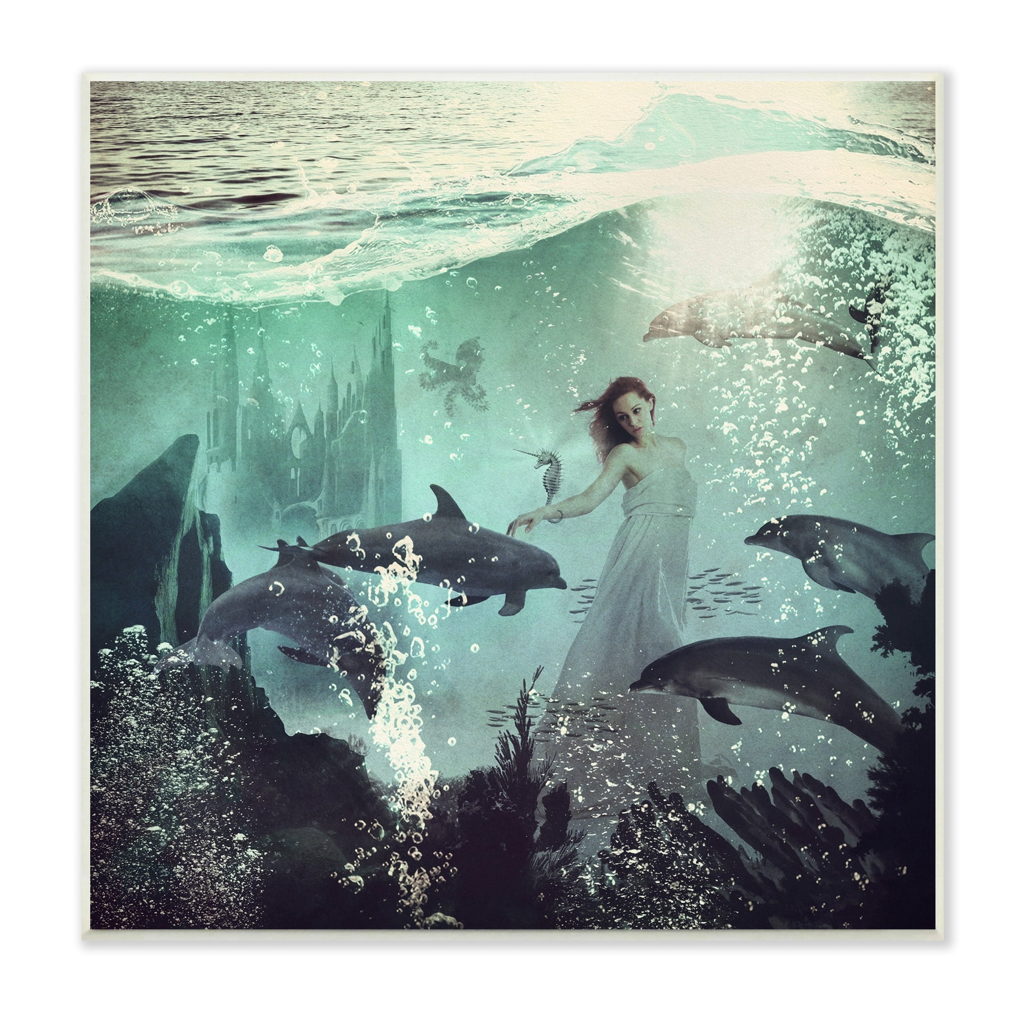 Surreal Woman Underwater Dolphins Splashing Bubbles Animals & Insects Graphic Art Unframed Art Print Wall Art