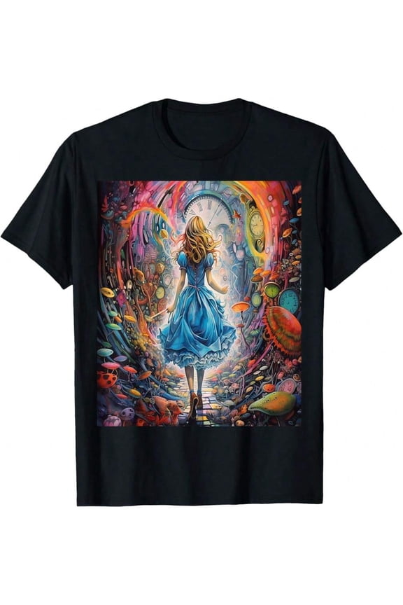 Surreal Wonderland Fantasy Graphic T-Shirt Psychedelic Mushroom Clock Art Tee for Men and Women