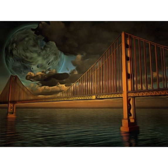 Surreal painting. Golden Gate bridge. Terraformed moon in the sky. Poster Print by Bruce Rolff/Stocktrek Images (17 x 11