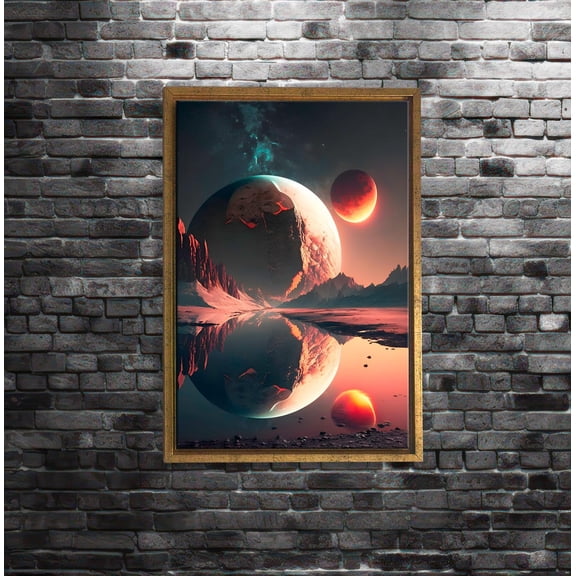 Surreal space landscape, alien planet wall art, sci,fi fantasy poster, cosmic reflection artwork, red moon celestial decor Unframed Paper Print