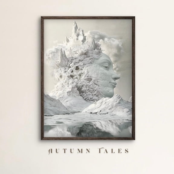 Surrealism Winter Landscape Poster, Mother Earth Emerging From Snowy Mountains, Modern Dreamscape Wall Art Warm Present Vintage UNFRAMED Poster Size 12x18