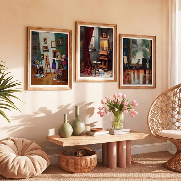 Surrealist Gallery Wall Art Painterly Museum Interior s Set 3 Unframed Paper Print 8x12