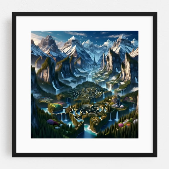 Surrealistic Sky Maze - Digital Art Fantasy Surrealism Landscape Mystical Waterfall Scenic Black Framed Wall Art Print 10 x 10 inches