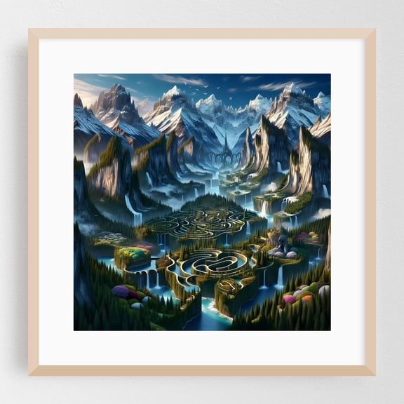 Surrealistic Sky Maze - Digital Art Fantasy Surrealism Landscape Mystical Waterfall Scenic Oak Framed Wall Art Print 8 x 8 inches