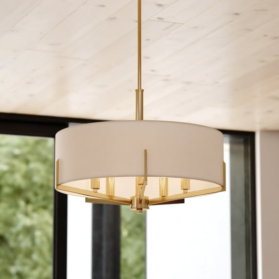 Surrey 5 Light Natural Brass Mid-Century Modern Chandelier White Fabric Drum Shade