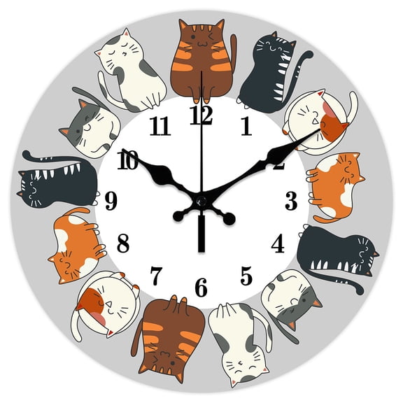 Surround Cartoon Cat Pattern Wall Clock 12 Inch Non-Ticking Clocks Round Wall Hanging Clock Battery Operated for Bedroom Living Room Kitchen Office
