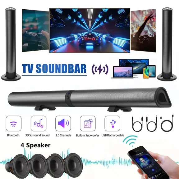 Surround Sound Bar 4 Speaker System Wireless Subwoofer TV Home Theater 2 in 1