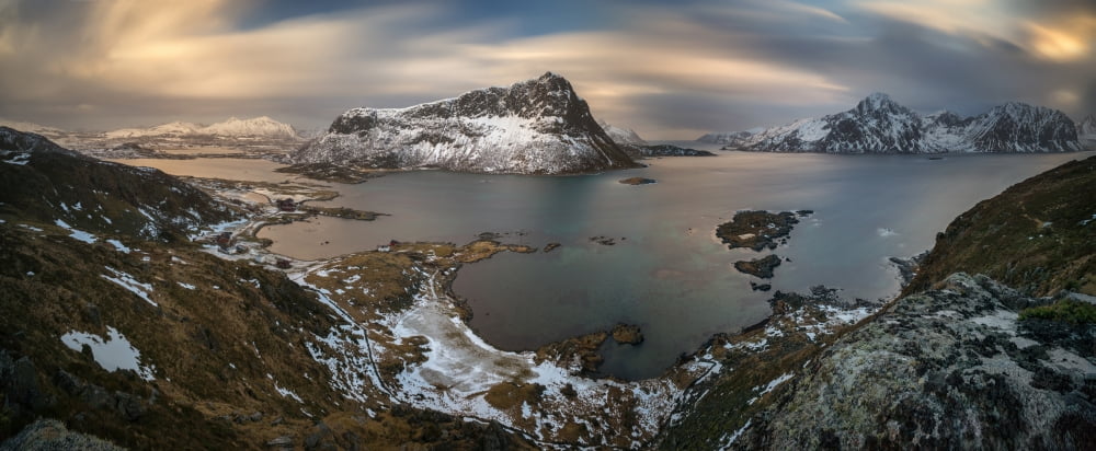 Surroundings of Offersoykamen at sunset Lofoten Nordland Norway Canvas Art - Panoramic Images (6 x 15)