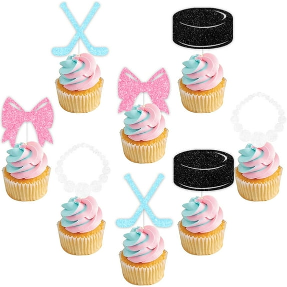 Sursurprise 36Pcs Hockey Gender Reveal Cupcake Toppers, Ice Hockey Pucks or Pearls Cupcake Picks Boy or Girl Baby Shower Decor, Hockey He or She Pregnancy Announcement Sports Party Supplies