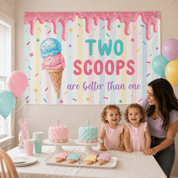 Sursurprise 5X3FT Two Scoops are Better Than One Backdrop, Ice Cream Themed Banner Background Photo Booth Studio Decor for Twins Baby Shower 1st 2nd Birthday Decorations Summer Party Supplies