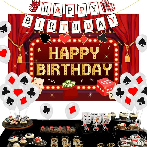 Sursurprise Casino Birthday Decorations, Las Vegas Casino Night Happy Birthday Banner Backdrop, Poker Balloons, Casino Royale Poker Dice Chips Birthday Party Supplies