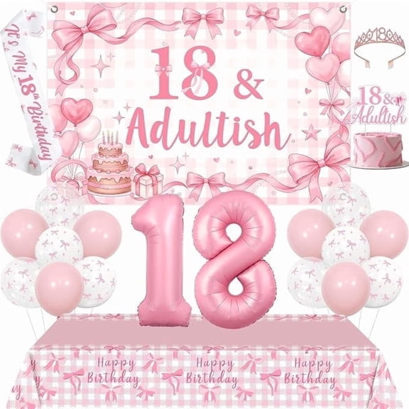 Sursurprise Pink Bow 18th Birthday Decorations, 18 & Adultish Backdrop, Bow Tablecloth, Its My 18th Birthday Sash, Crown, Cake Topper, Balloons for Girls 18 Years Old Party Decor