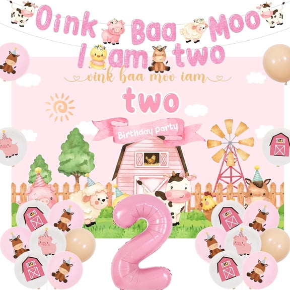 Sursurprise Pink Farm Animals 2nd Birthday Decorations for Girl, Oink Baa Moo I am Two Banner Backdrop, Number 2 Balloon, Farm Yard Party Supplies