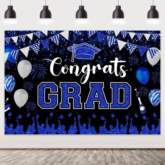 Blue Congrats Grad Backdrop - Graduation Party Banner, Class of 2026 Photo Booth Background, Blue & Black Graduation Decoration for High School College Grad Party Supplies