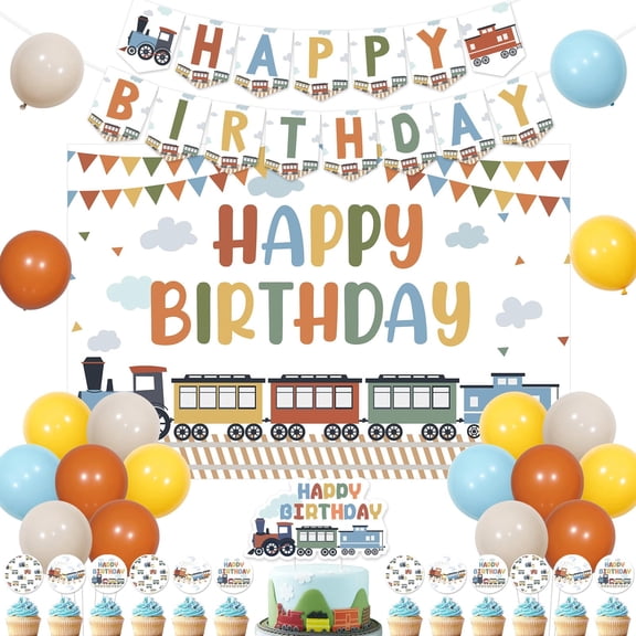 Sursurprise Train Theme Birthday Decorations, Steam Train Happy Birthday Backdrop Banner Sign, Railroad Crossing Cake Cupcake Topper Balloon for Transportation Traffic Vehicle Bday Party Decor