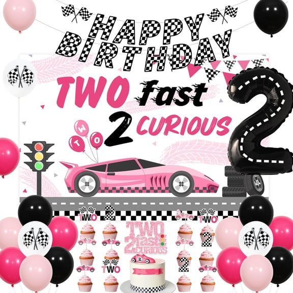 Sursurprise Two Fast Birthday Decorations for Girl, Two Fast 2 Curious Backdrop Cake Topper Racing Car Banner Pink Checkered Balloons, Race Car 2nd Birthday Lets Go Racing Party Supplies Y101