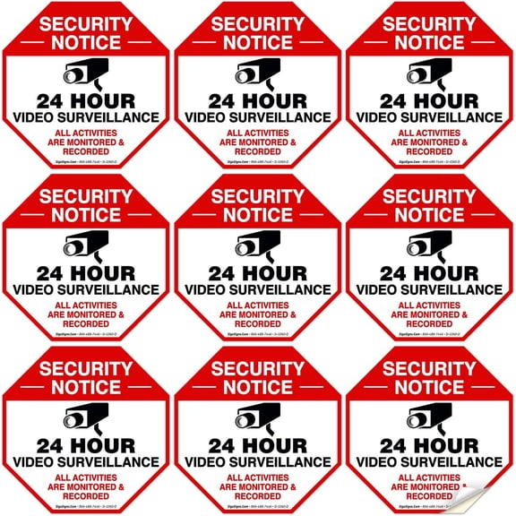 Surveillance Sticker, (9 Pack) 3x3 Inches, 4 Mil Vinyl Decal Stickers UV Protected, Long Lasting, Fade , Indoor/Outdoor Use, Made in