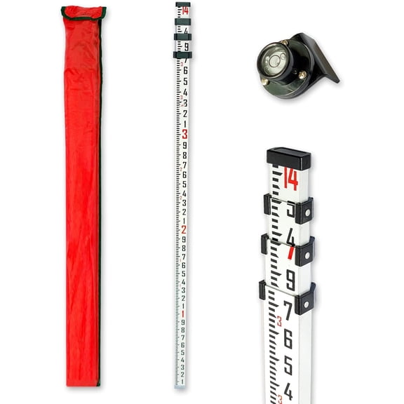 Survey Rod 14-Foot Aluminum Grade Rod - 10ths,Survey Rod,Survey Pole | Grade RodsGrade Stick for Laser Level,With Bubble Level, 4-Stage Telescopic,Double-Sided Scale Telescopic Leveling Rod