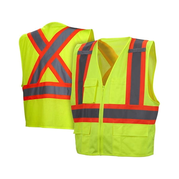 Surveyor Style- Hi Vis Lime Vest - with Contrasting Reflective Tape- also includes X on back for CSA approved Vests