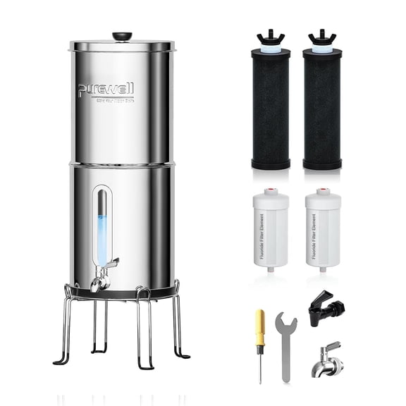 SurviMate 1.5G Gravity Water Filter System with Water Level Window, 8-Stage 0.01m Ultra-Filtration Stainless Steel Countertop System with 4 Filters and Stand