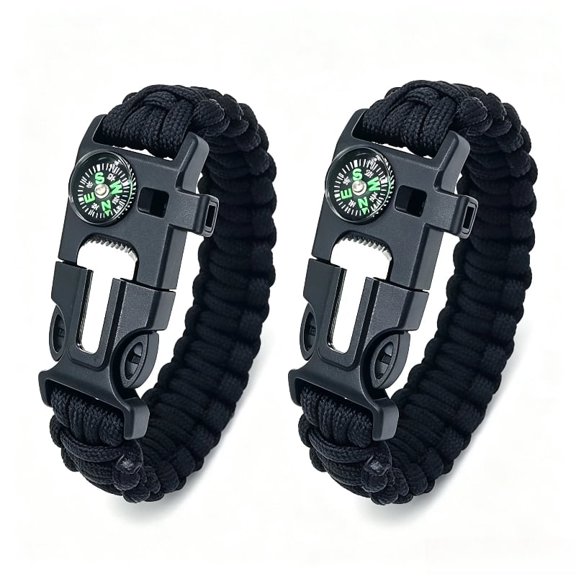 Survival Bracelet,Flint Steel Fire Starter, Whistle, Compass, Mini Saw, Adjustable Wrist Band Size for Camping, Bushcraft, Emergency Kit