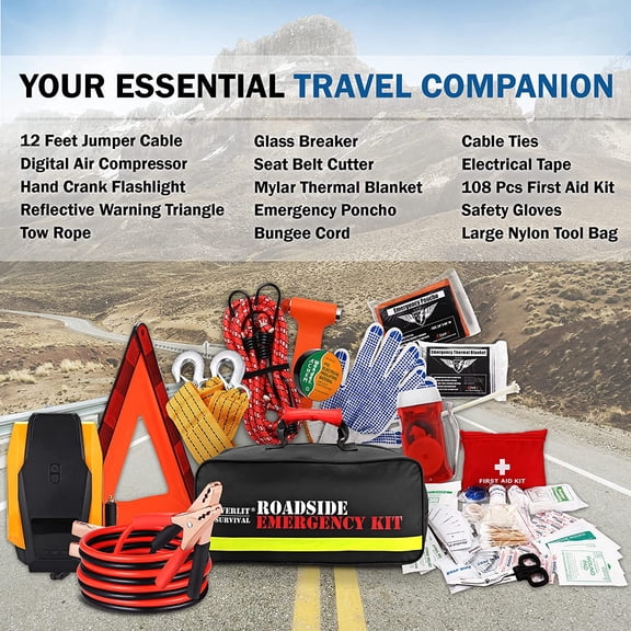Survival Car Emergency Kit with Compressor, First Aid & Jumper Cables for Roadside Safety