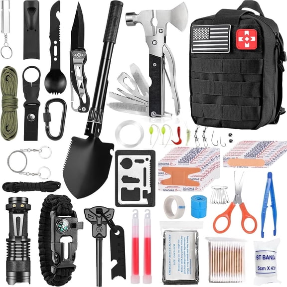 TEIPUERY 250pcs Emergency Survival Kit, Camping Survival Gear with First Aid Supplies, Tools and Tactical Backpack