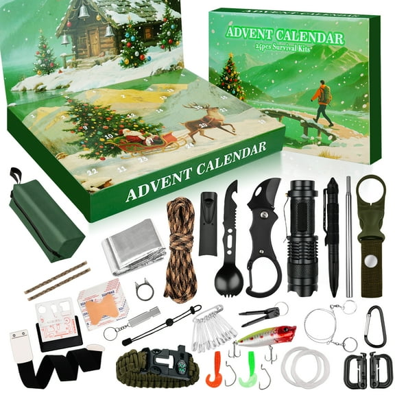 Survival Kit Advent Calendar 2025 - 24 Days Christmas Countdown Calendar Emergency Survival Gears Gift for Teen Adult, 2025 Xmas Cool Gadgets for Outdoor Camping Fishing Hunting Adventure