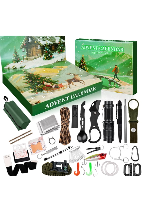 Survival Kit Advent Calendar 2025 - 24 Days Christmas Countdown Calendar Emergency Survival Gears Gift for Teen Adult, 2025 Xmas Cool Gadgets for Outdoor Camping Fishing Hunting Adventure