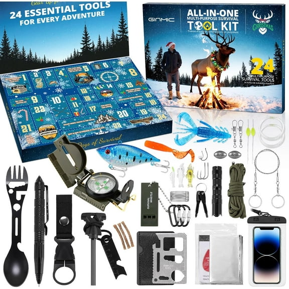 Survival Kit Advent Calendar 2025 Adults Men, 24-Day Christmas Countdown Advent Calendars with Emergency Survival Gear Fishing Kit for Boys Teen, 2025 Xmas Gifts for Outdoor Fishing Camping Adventure