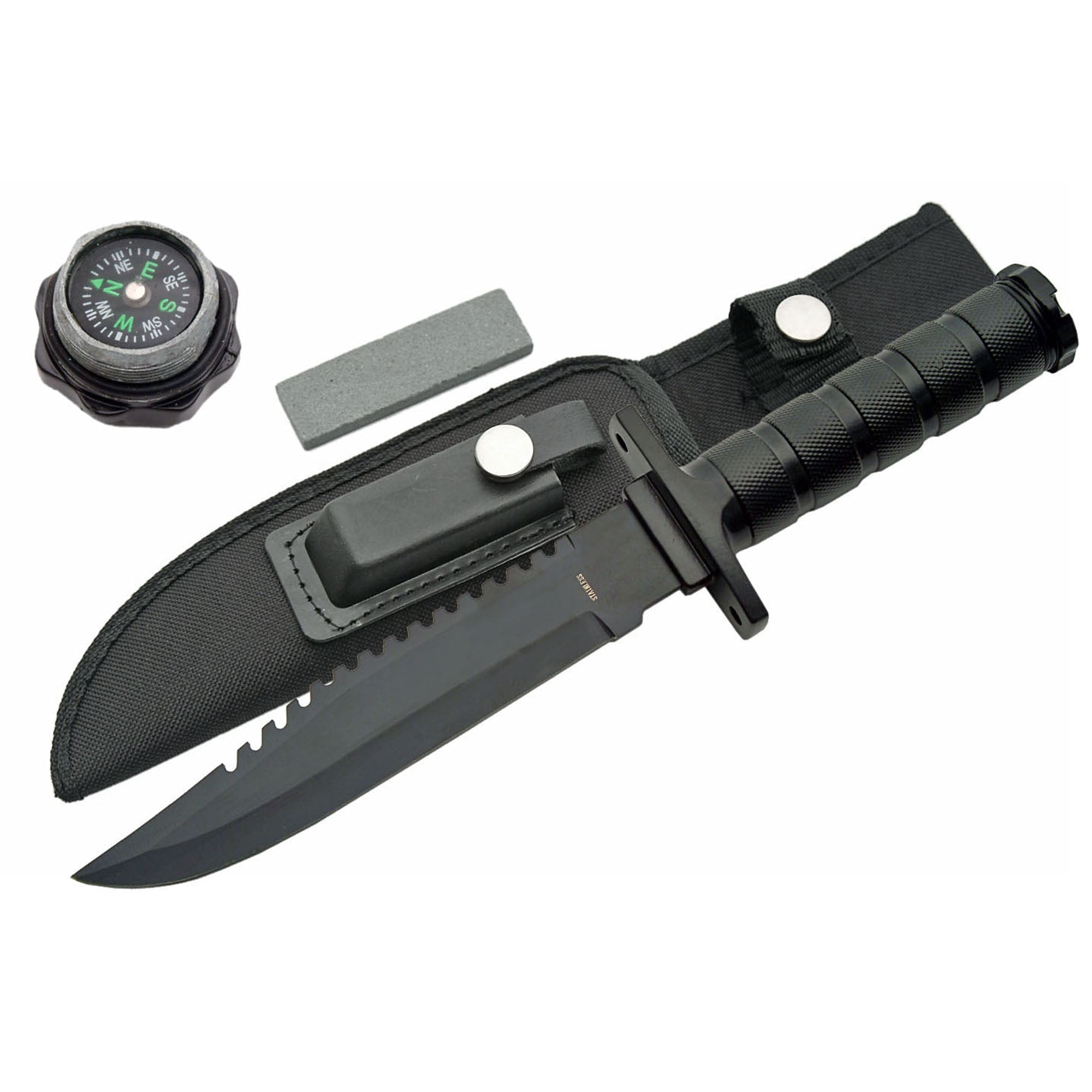 SZCO 12 Inch Black Survival Knife Full Tang Metal Handle Compass Pommel Survival Kit Nylon Sheath with Sharpener Camping Hiking Knife