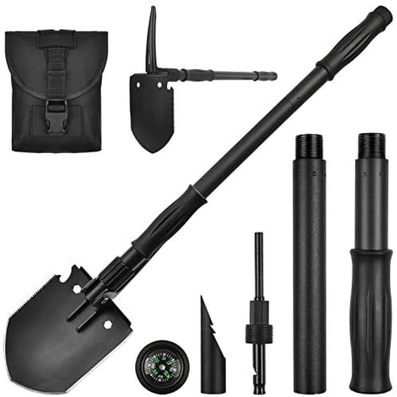 Survival Shovel, (28.3'') Camping Folding Shovel, Military Spade Multitool, Tactical Trench Tool, with Pickaxe, Compass, Whistle, Molle Bag for Digging, Metal-Detecting, Off Roading, Emergency