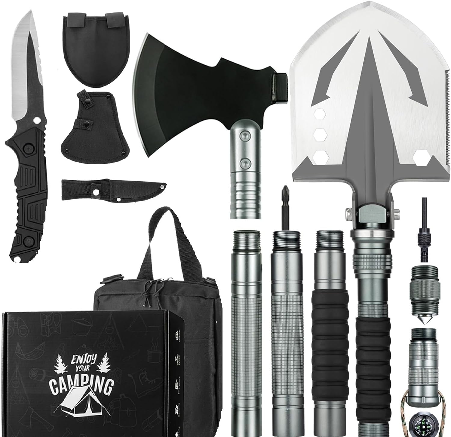 Survival Shovel with Camping Axe: Multifunctional Tactical Gear for Outdoor Adventure - 180 Degree Folding Camping Shovel Multi-Tool with Carry Pouch for Outdoor Camping Hiking