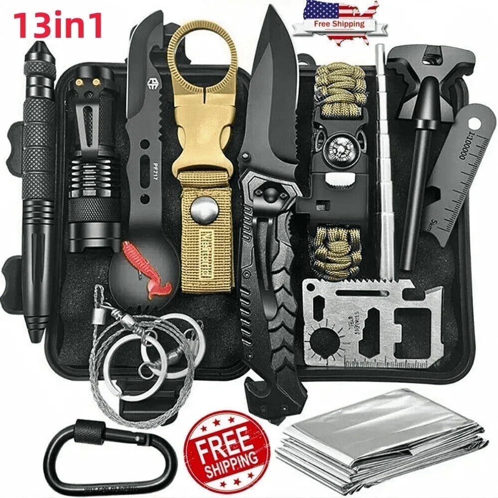 Survival kit, 13-in-1 emergency gear for camping and hiking. Tools for outdoor adventures, also a cool birthday gift.