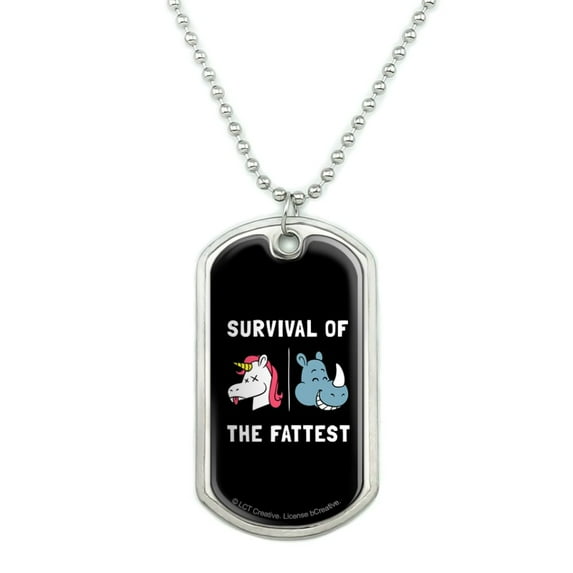 Survival of the Fattest Unicorn Chubby Rhino Fittest Pun Funny Humor Military Dog Tag Pendant Necklace with Chain