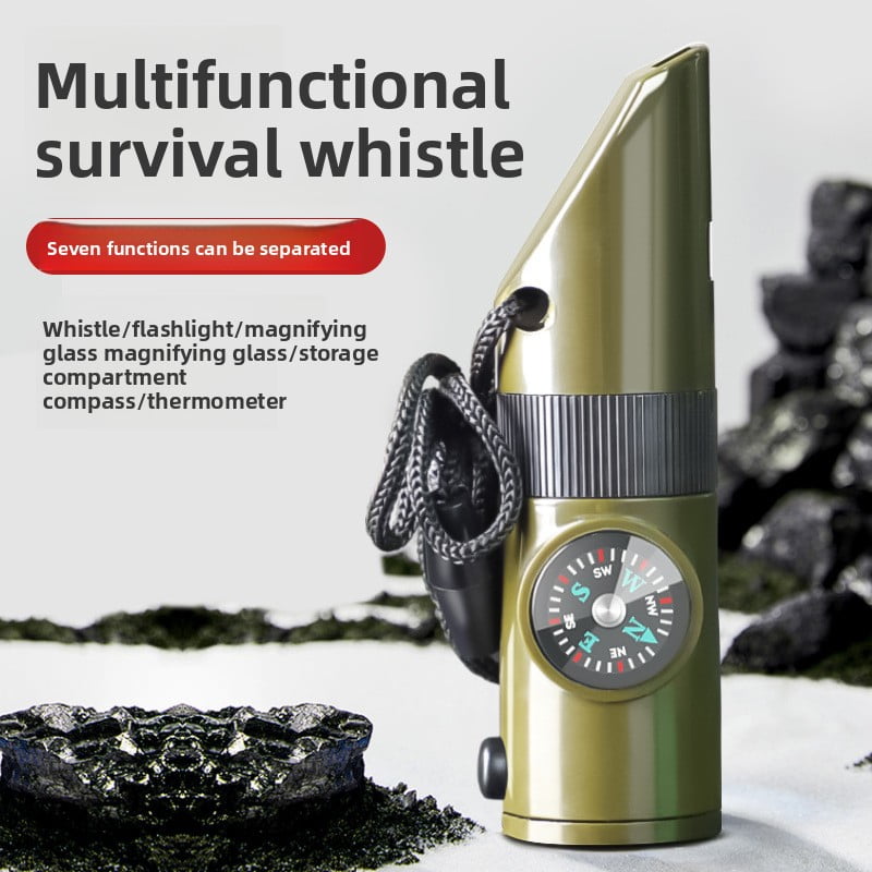 Survival signal whistle 7 in 1, bayonet design, simple operation, emergency compass, magnifying glass, flashlight, thermometer.