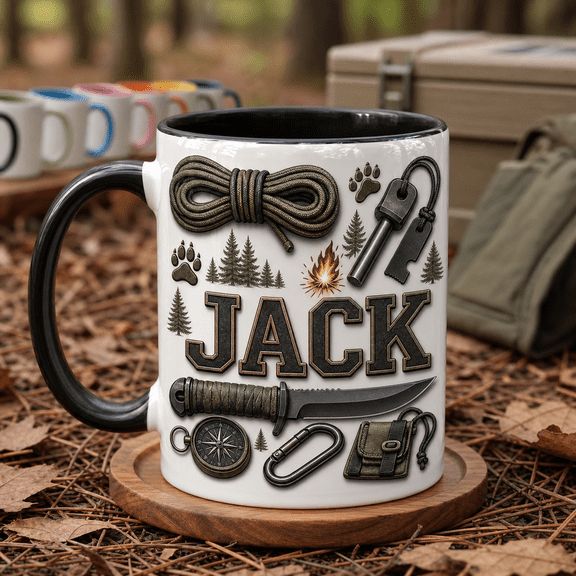 Survivalist Dad Accent Mug Personalized Father’s Day Gift with Rope Knife Fire Starter Kit Design