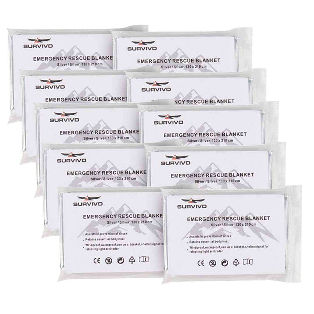 Survivd Emergency Thermal Blanket for Survival (10 Pack) Mylar Safety