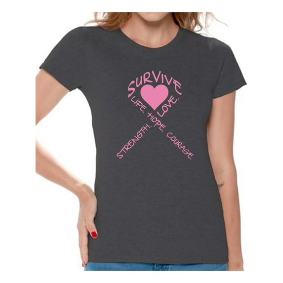 Survive Heart T-shirt Tops Cancer t shirt breast cancer awareness t shirt faith love hope fight believe support survivor gifts tackle for my mom dad grandpa grandma special for women