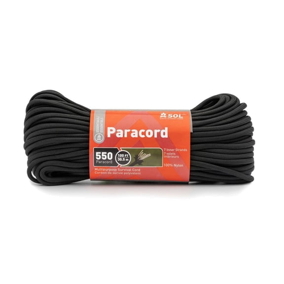 Survive Outdoors Longer 550 Paracord, 100 ft with Carabiner, Black