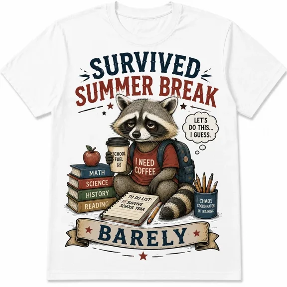 Survived Summer Break Barely Funny Raccoon Back To School T-Shirt, Unisex T-Shirt