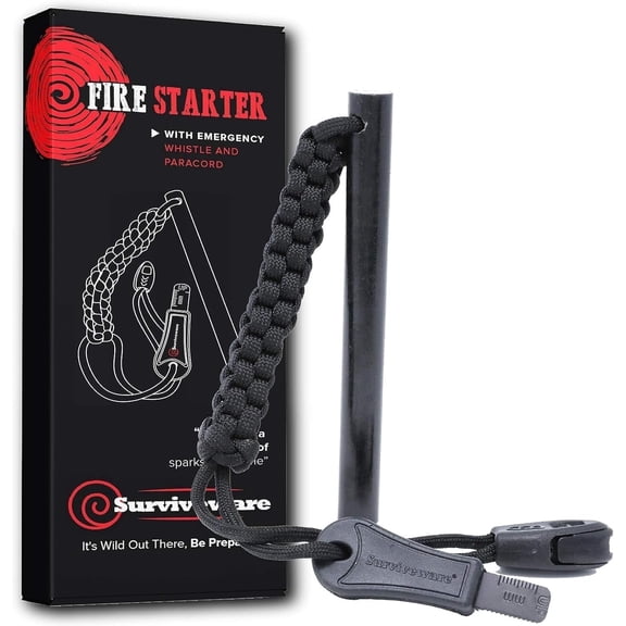 Surviveware Survival Fire Starter with Emergency Whistle, Paracord Handle, and Steel Serrated Scraper, 1-Count, Standard