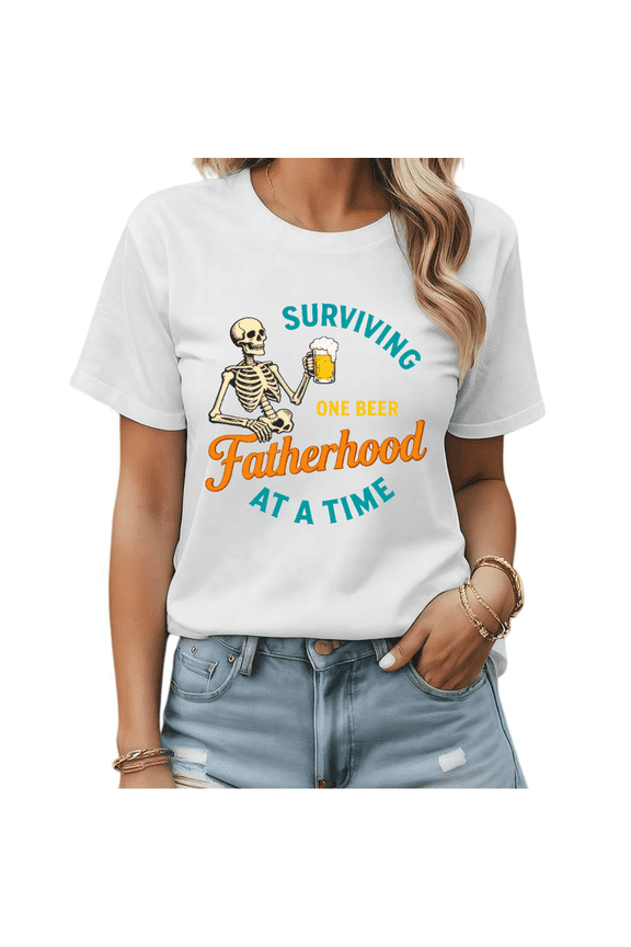 Surviving Fatherhood One Beer At A Time Skeleton Graphic Tees Mens/Womens Tshirt Shirts Black/White S-5XL Tops