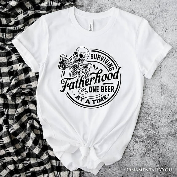 Surviving Fatherhood Skeleton Beer T-Shirt, White Vintage Tee for Tired and Hilarious Dads