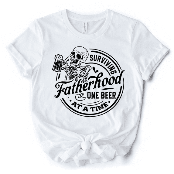 Surviving Fatherhood Skeleton Beer T-Shirt, White Vintage Tee for Tired and Hilarious Dads