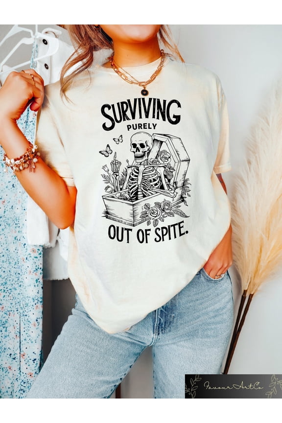 Surviving Purely Out Of Spite Shirt, Funny Goth Celestial Skeleton and Bats Shirt, Bat Lover Gothic Boho Tshirt