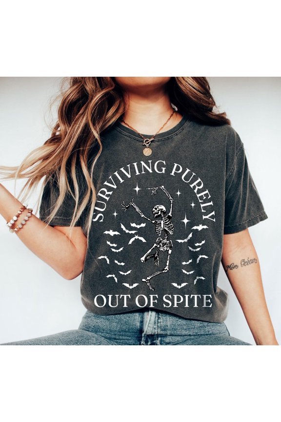 Surviving Purely Out Of Spite Shirt Goth Celestial Skeleton And Bats Shirt Bat Lover Gothic Boho Garment Dyed Shirt All Size S-3XL