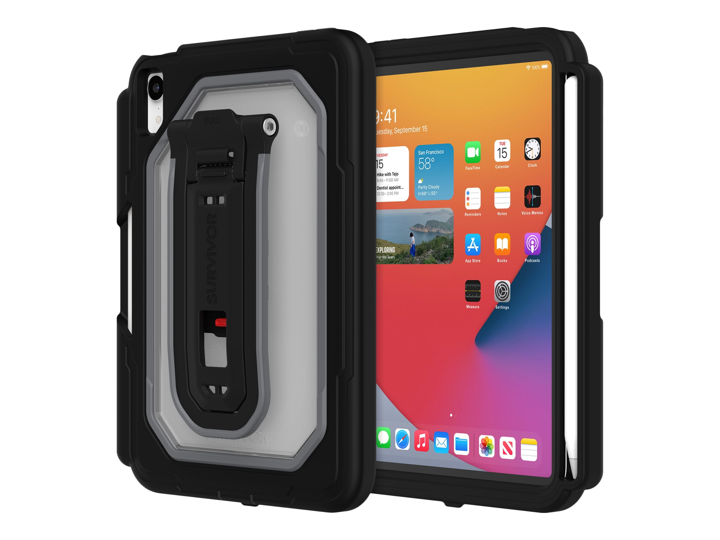 Survivor All-Terrain Rugged Carrying Case Apple iPad mini (6th Generation) Tablet, Apple Pencil (2nd Generation), Stylus - 3X Military Grade Protection with Kickstand + Pencil Holder -Black