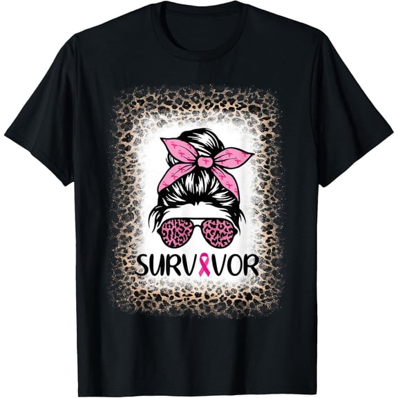 Survivor Breast Cancer Women Messy Bun Bleached Leopard T-Shirt