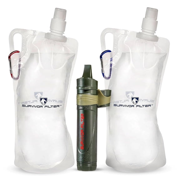 Survivor Filter Squeeze Kit Emergency Water Straw with 2 Collapsible 33.8 fl oz Bottles USA-Tested 0.05 Micron Filtration Portable Outdoor Water Filter for Camping & Hiking No Expiration